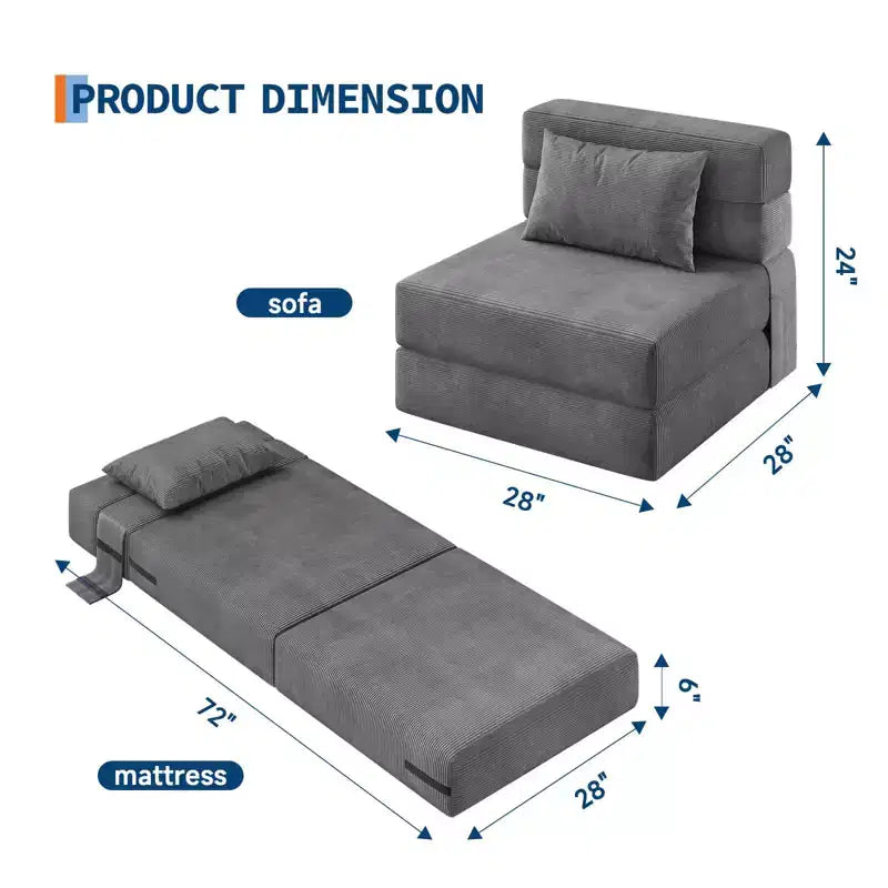 Canapé-Lit Pliant Convertible 4 en 1 - Fauteuil Lit avec Oreiller, Tissu Côtelé Moderne, Canapé de Sol & Futon, Gris Foncé