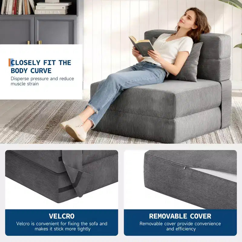 Canapé-Lit Pliant Convertible 4 en 1 - Fauteuil Lit avec Oreiller, Tissu Côtelé Moderne, Canapé de Sol & Futon, Gris Foncé