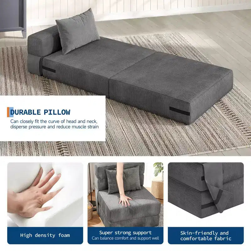 Canapé-Lit Pliant Convertible 4 en 1 - Fauteuil Lit avec Oreiller, Tissu Côtelé Moderne, Canapé de Sol & Futon, Gris Foncé