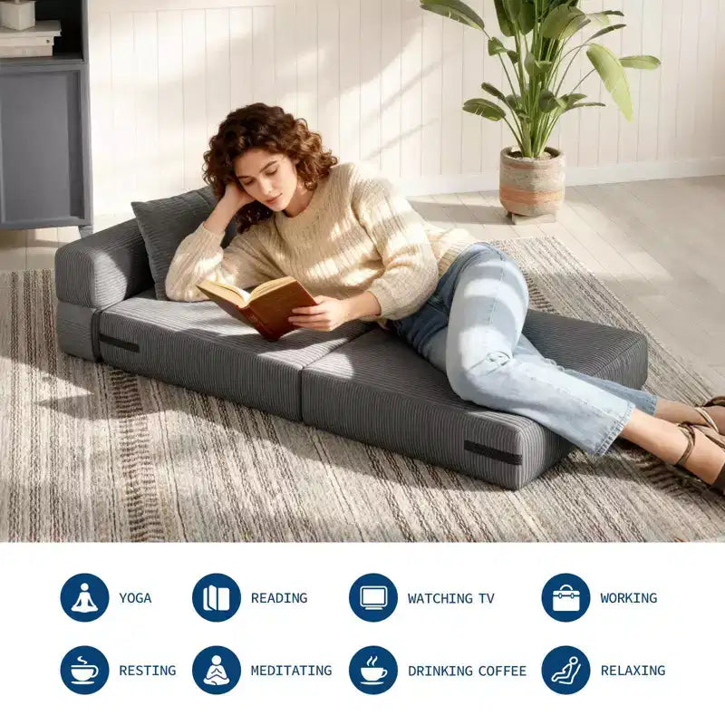 Canapé-Lit Pliant Convertible 4 en 1 - Fauteuil Lit avec Oreiller, Tissu Côtelé Moderne, Canapé de Sol & Futon, Gris Foncé