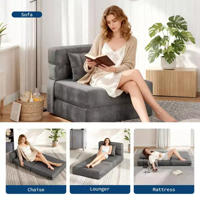 Canapé-Lit Pliant Convertible 4 en 1 - Fauteuil Lit avec Oreiller, Tissu Côtelé Moderne, Canapé de Sol & Futon, Gris Foncé