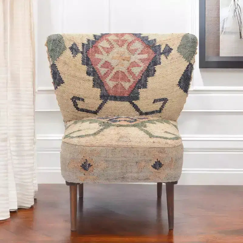 Fauteuil à oreilles 26 pouces en jute beige, bleu et rouge, de style sud-ouest