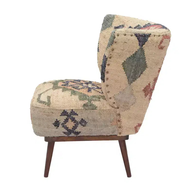 Fauteuil à oreilles 26 pouces en jute beige, bleu et rouge, de style sud-ouest