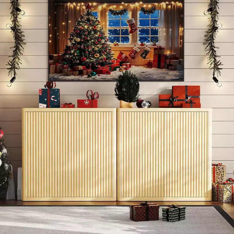 Buffet de 34,6 pouces en bois avec 2 portes cannelées et étagères réglables, bar à café autoportant pour salle à manger et salon
