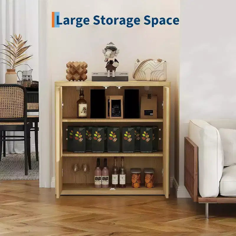 Buffet de 34,6 pouces en bois avec 2 portes cannelées et étagères réglables, bar à café autoportant pour salle à manger et salon