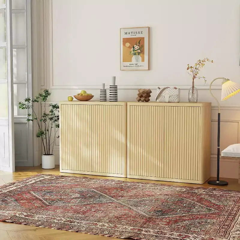 Buffet de 34,6 pouces en bois avec 2 portes cannelées et étagères réglables, bar à café autoportant pour salle à manger et salon