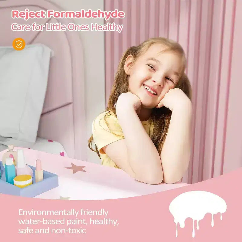 Coiffeuse Enfant 2-en-1, Miroir Triptyque, Grand Tiroir, Pieds en Bois Massif, 4-9 Ans, Rose