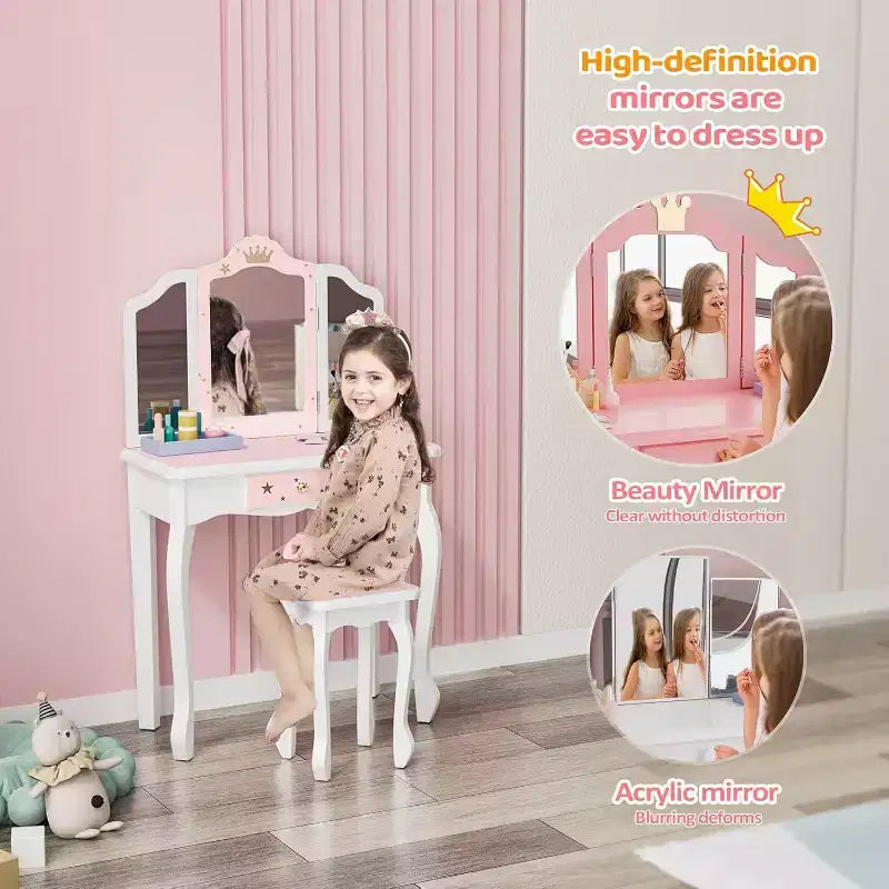 Coiffeuse Enfant 2-en-1, Miroir Triptyque, Grand Tiroir, Pieds en Bois Massif, 4-9 Ans, Rose