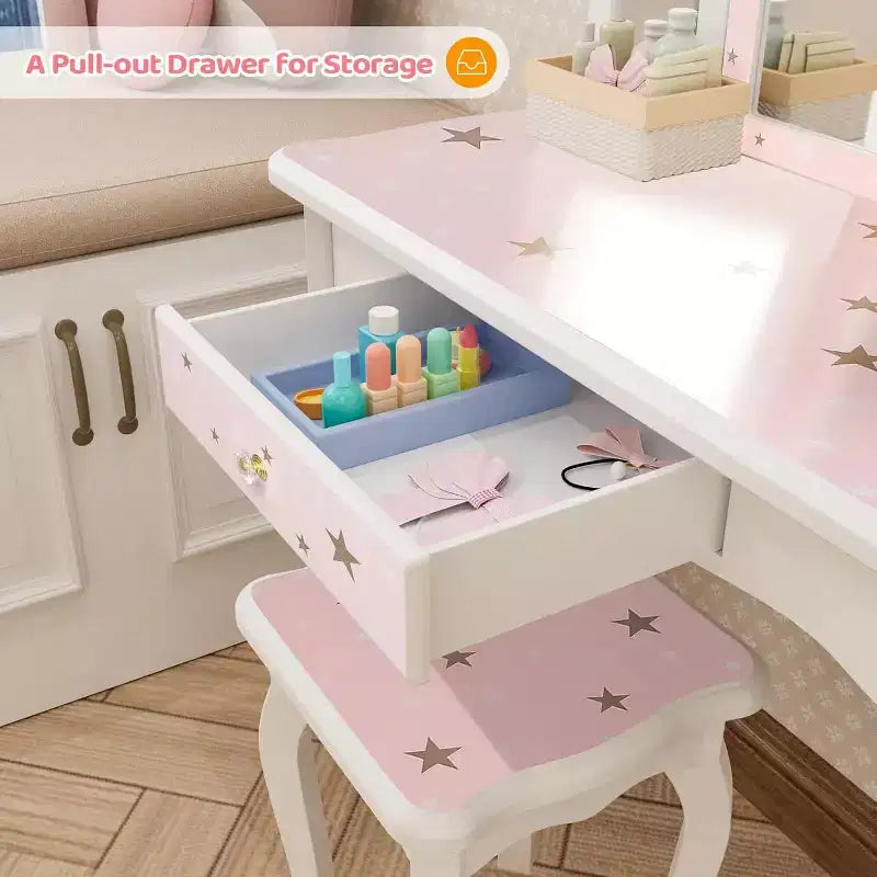 Coiffeuse Enfant 2-en-1, Miroir Triptyque, Grand Tiroir, Pieds en Bois Massif, 4-9 Ans, Rose