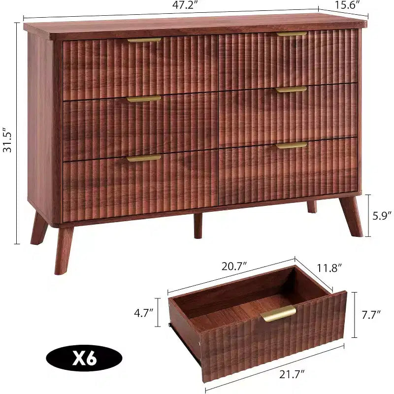 Commode à 6 tiroirs cannelée, commode en bois moderne au design incurvé pour chambre à coucher
