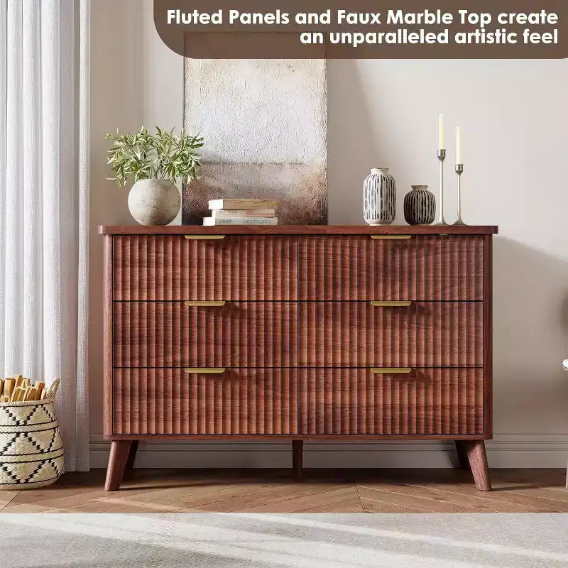 Commode à 6 tiroirs cannelée, commode en bois moderne au design incurvé pour chambre à coucher