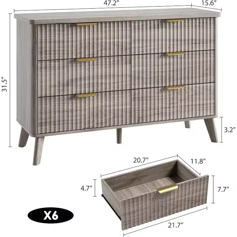 Commode à 6 tiroirs cannelée, commode en bois moderne au design incurvé pour chambre à coucher