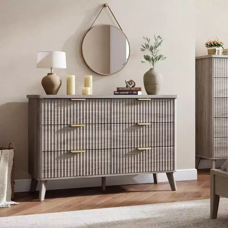 Commode à 6 tiroirs cannelée, commode en bois moderne au design incurvé pour chambre à coucher