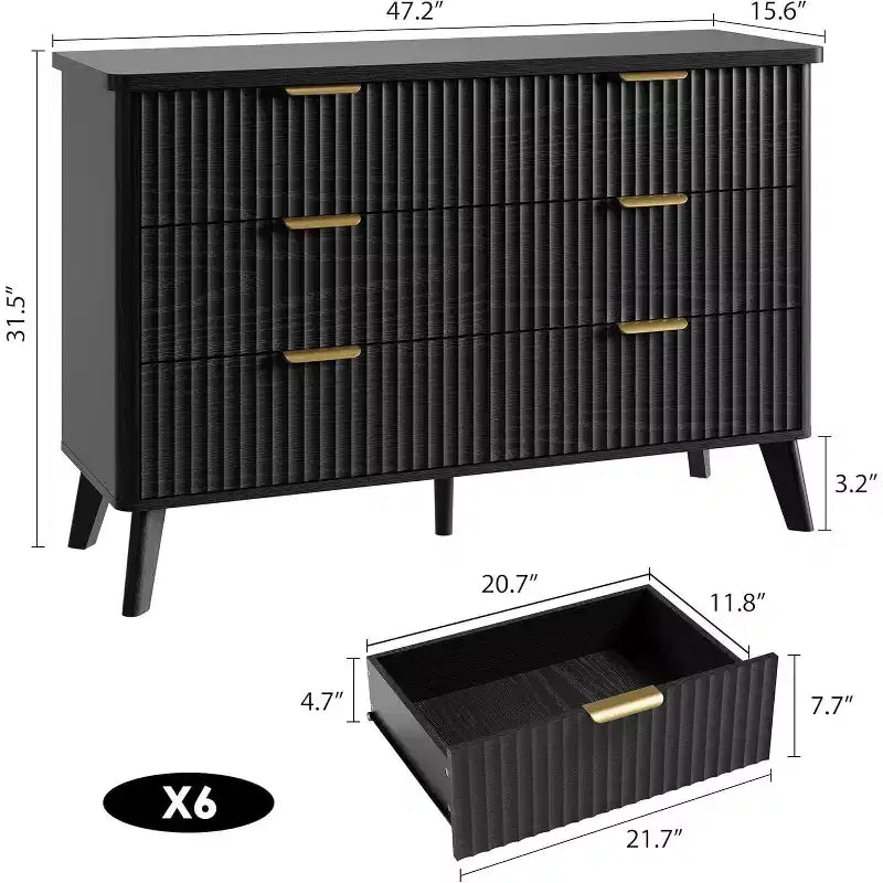 Commode à 6 tiroirs cannelée, commode en bois moderne au design incurvé pour chambre à coucher