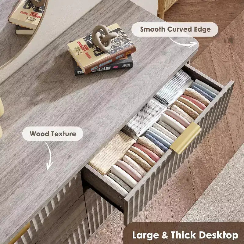 Commode à 6 tiroirs cannelée, commode en bois moderne au design incurvé pour chambre à coucher