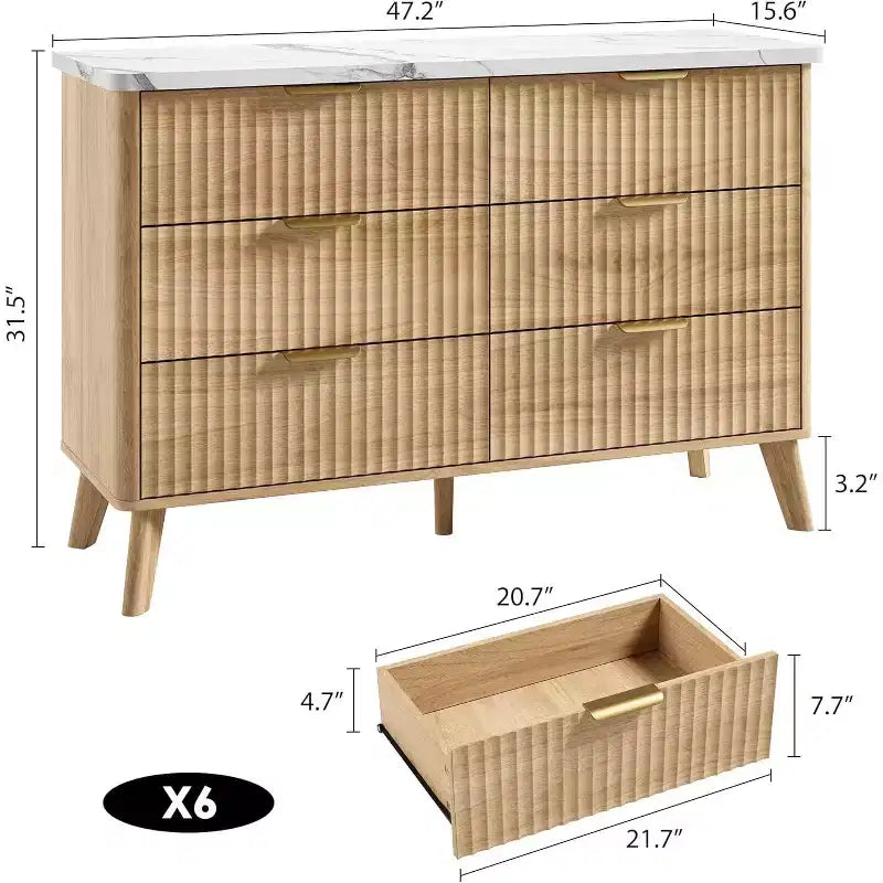 Commode à 6 tiroirs cannelée, commode en bois moderne au design incurvé pour chambre à coucher