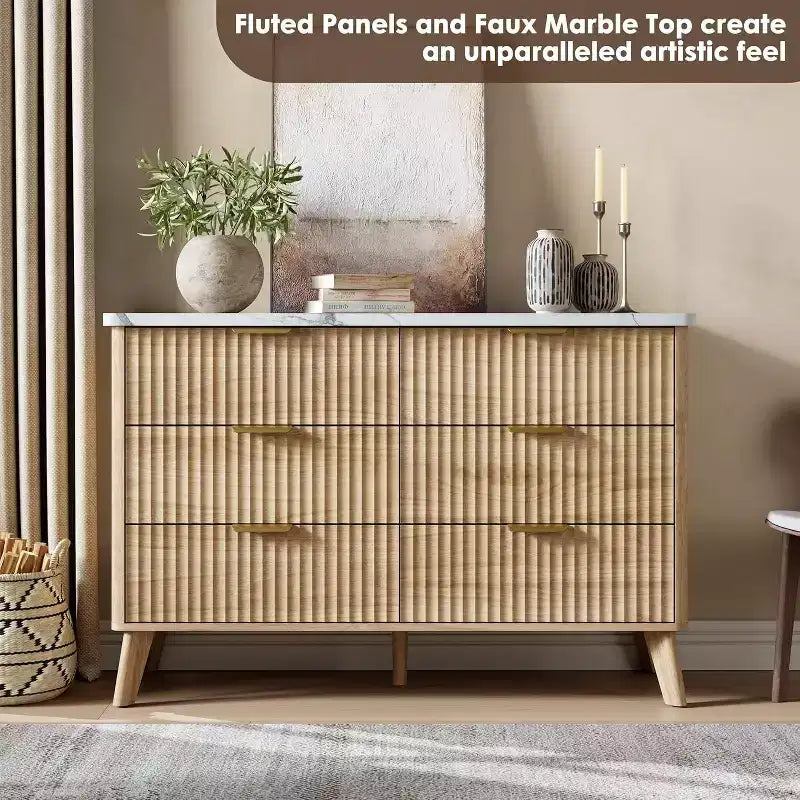 Commode à 6 tiroirs cannelée, commode en bois moderne au design incurvé pour chambre à coucher