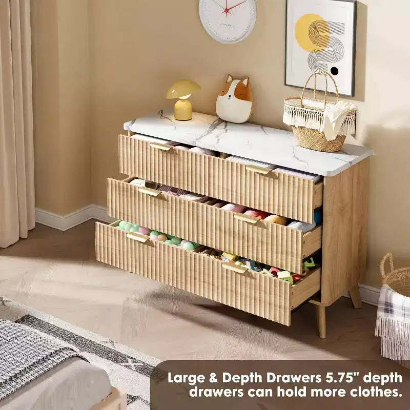 Commode à 6 tiroirs cannelée, commode en bois moderne au design incurvé pour chambre à coucher
