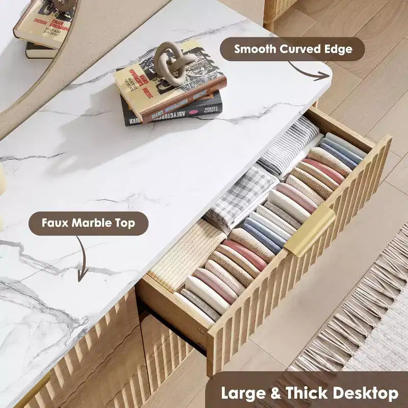 Commode à 6 tiroirs cannelée, commode en bois moderne au design incurvé pour chambre à coucher