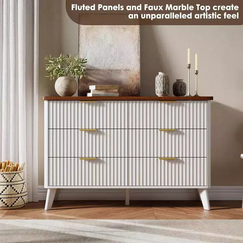 Commode à 6 tiroirs cannelée, commode en bois moderne au design incurvé pour chambre à coucher