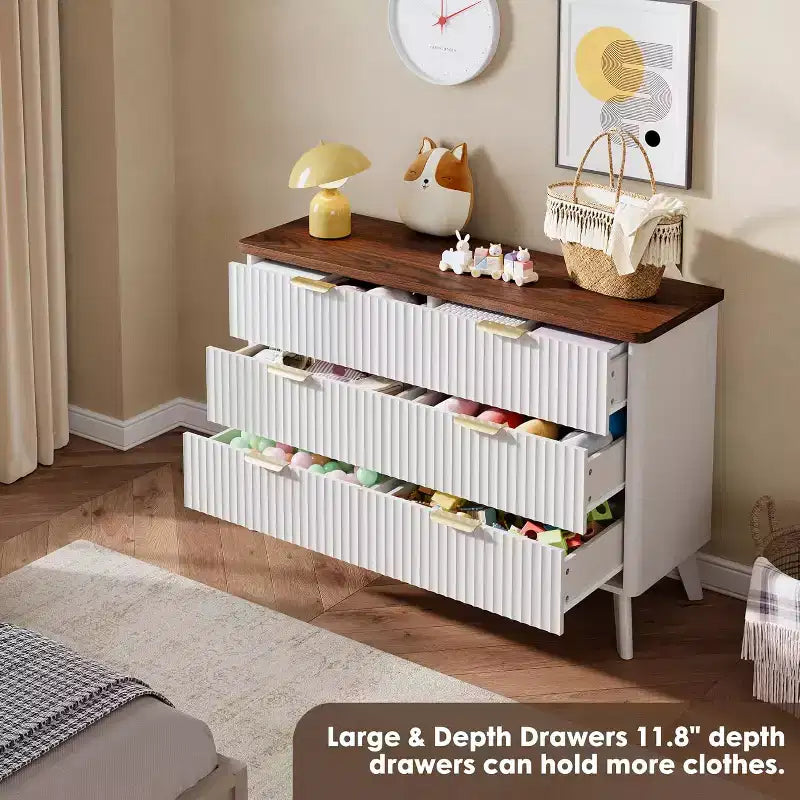 Commode à 6 tiroirs cannelée, commode en bois moderne au design incurvé pour chambre à coucher
