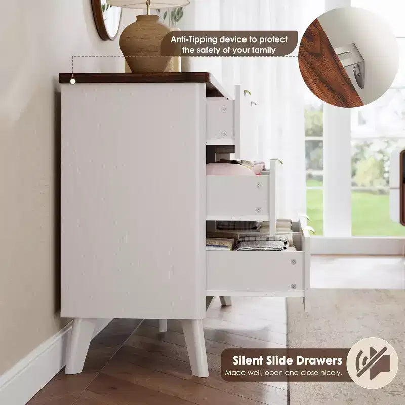 Commode à 6 tiroirs cannelée, commode en bois moderne au design incurvé pour chambre à coucher