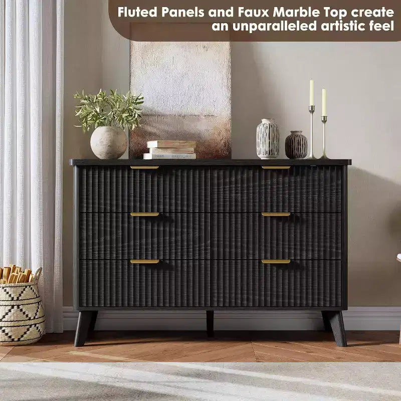 Commode à 6 tiroirs cannelée, commode en bois moderne au design incurvé pour chambre à coucher