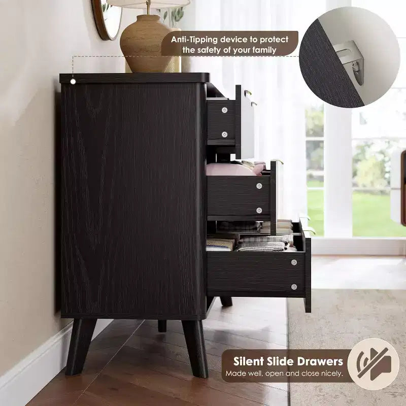 Commode à 6 tiroirs cannelée, commode en bois moderne au design incurvé pour chambre à coucher