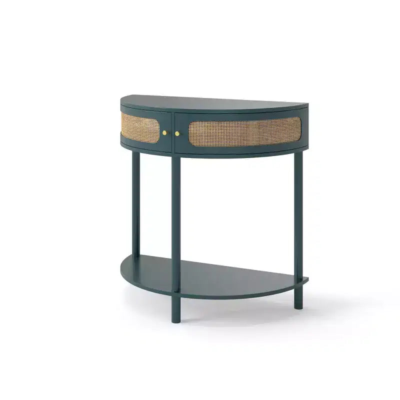 Table d'appoint élégante en demi-cercle avec 2 tiroirs en rotin et étagère inférieure pour le salon, la chambre, le couloir