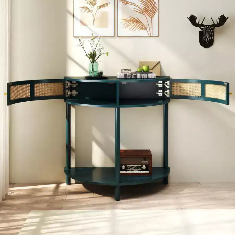 Table d'appoint élégante en demi-cercle avec 2 tiroirs en rotin et étagère inférieure pour le salon, la chambre, le couloir