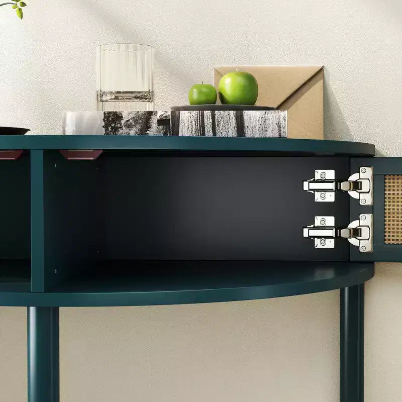 Table d'appoint élégante en demi-cercle avec 2 tiroirs en rotin et étagère inférieure pour le salon, la chambre, le couloir