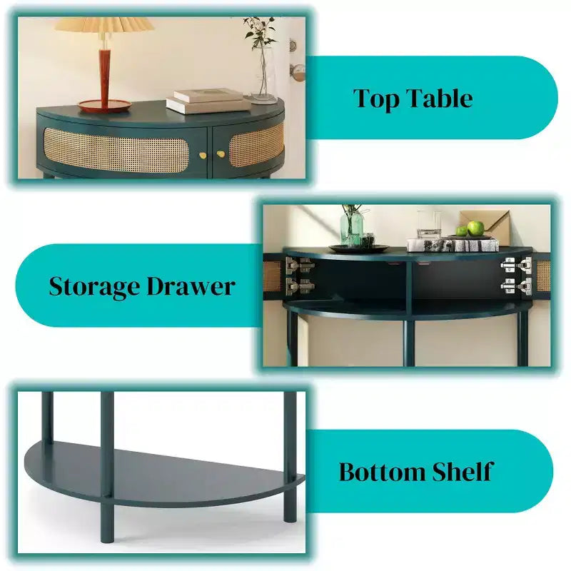 Table d'appoint élégante en demi-cercle avec 2 tiroirs en rotin et étagère inférieure pour le salon, la chambre, le couloir