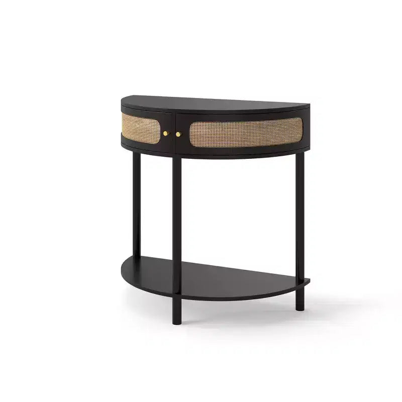 Table d'appoint élégante en demi-cercle avec 2 tiroirs en rotin et étagère inférieure pour le salon, la chambre, le couloir