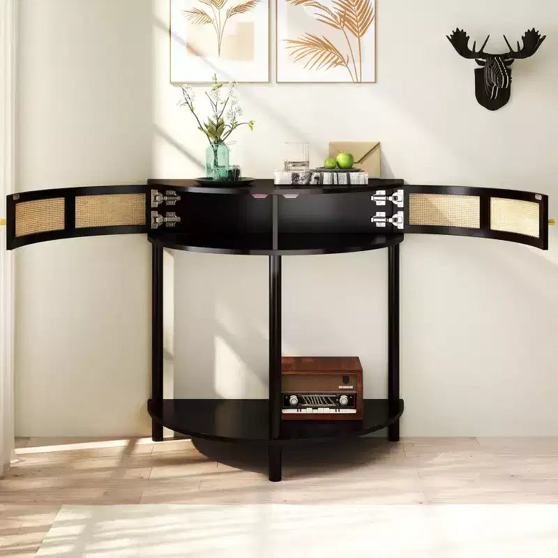 Table d'appoint élégante en demi-cercle avec 2 tiroirs en rotin et étagère inférieure pour le salon, la chambre, le couloir