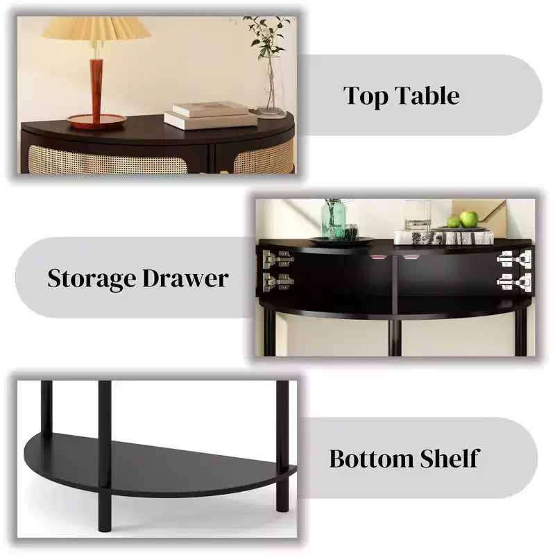 Table d'appoint élégante en demi-cercle avec 2 tiroirs en rotin et étagère inférieure pour le salon, la chambre, le couloir