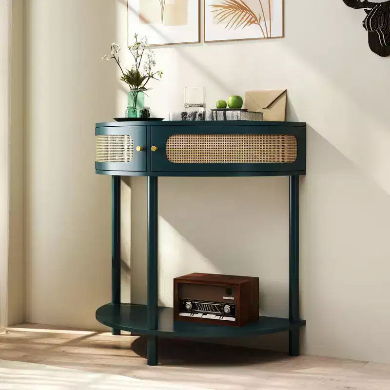 Table d'appoint élégante en demi-cercle avec 2 tiroirs en rotin et étagère inférieure pour le salon, la chambre, le couloir