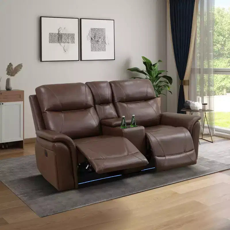 Causeuse inclinable électrique 2 places en cuir avec port USB, rangements et porte-gobelets pour salon, Marron-rouge
