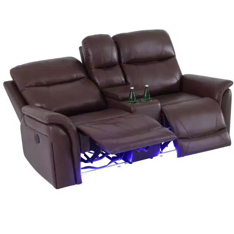 Causeuse inclinable électrique 2 places en cuir avec port USB, rangements et porte-gobelets pour salon, Marron-rouge