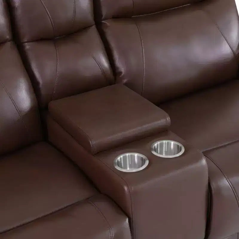 Causeuse inclinable électrique 2 places en cuir avec port USB, rangements et porte-gobelets pour salon, Marron-rouge