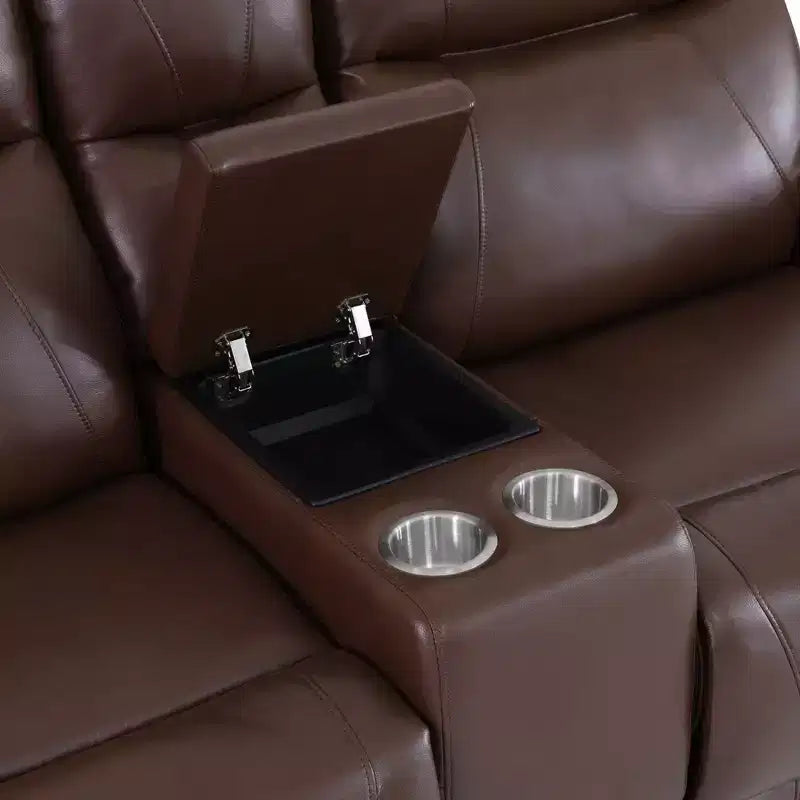 Causeuse inclinable électrique 2 places en cuir avec port USB, rangements et porte-gobelets pour salon, Marron-rouge