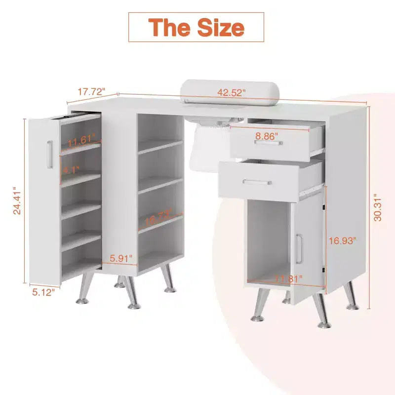 Table de manucure de 42,5 pouces avec repose-poignet et collecteur de poussière, poste de travail pour ongles avec casier coulissant vertical, blanc