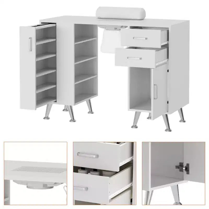 Table de manucure de 42,5 pouces avec repose-poignet et collecteur de poussière, poste de travail pour ongles avec casier coulissant vertical, blanc