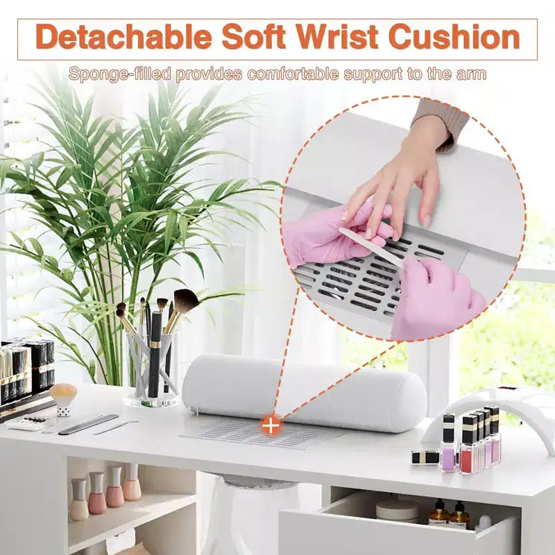 Table de manucure de 42,5 pouces avec repose-poignet et collecteur de poussière, poste de travail pour ongles avec casier coulissant vertical, blanc