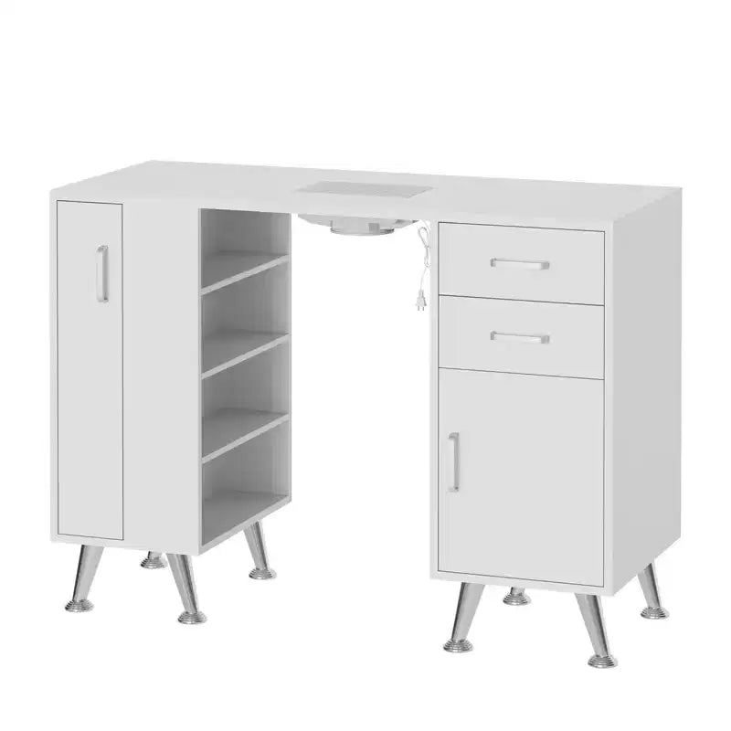 Table de manucure de 42,5 pouces avec repose-poignet et collecteur de poussière, poste de travail pour ongles avec casier coulissant vertical, blanc