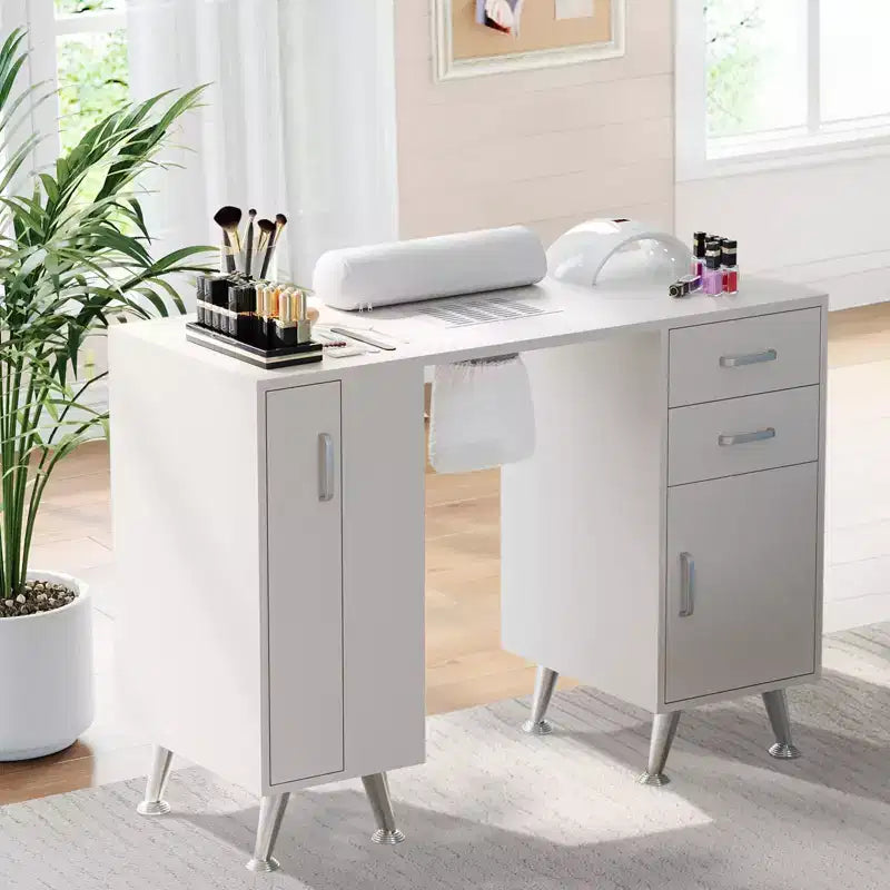 Table de manucure de 42,5 pouces avec repose-poignet et collecteur de poussière, poste de travail pour ongles avec casier coulissant vertical, blanc