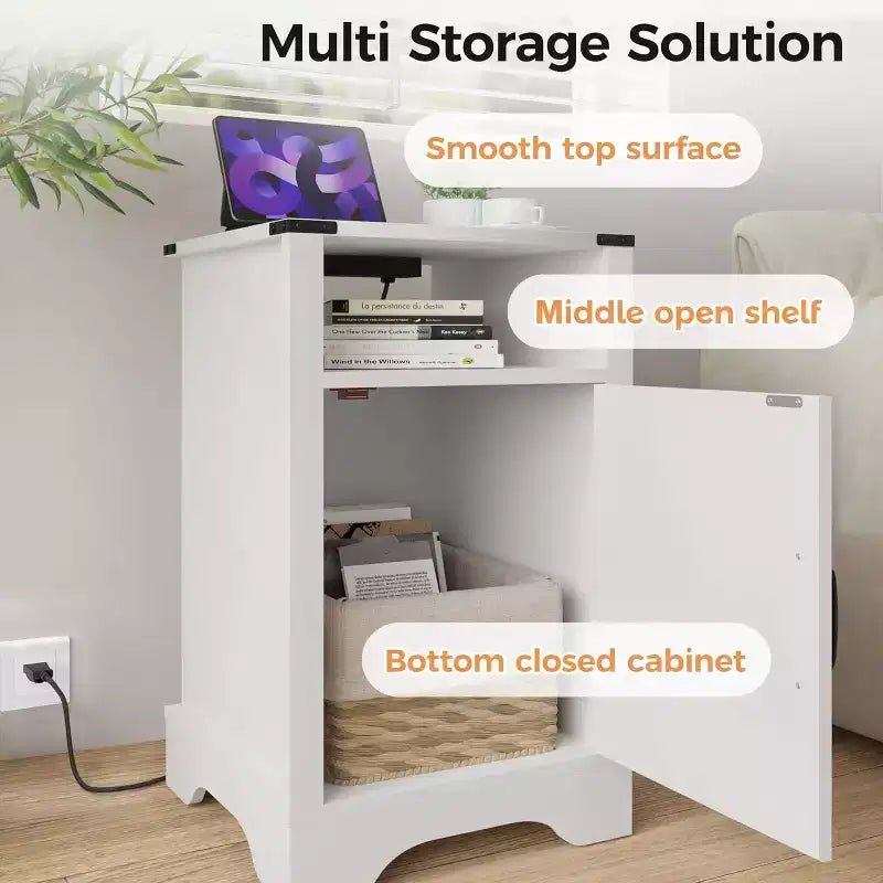 Table de chevet haute avec station de charge, Table d'appoint blanche avec rangement, Grande table de chevet rustique en bois pour chambre à coucher, bureau à domicile