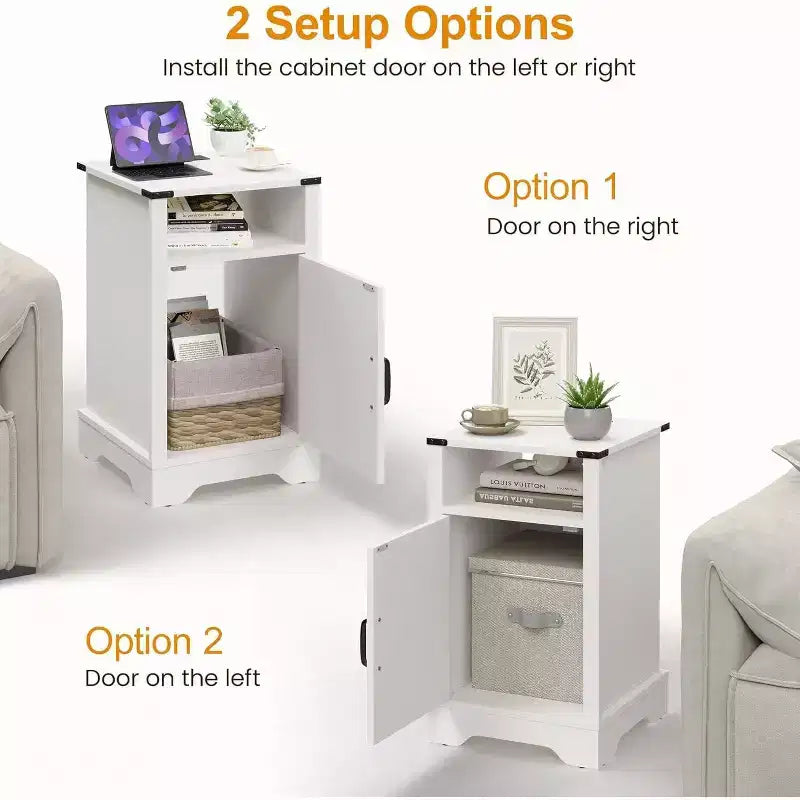 Table de chevet haute avec station de charge, Table d'appoint blanche avec rangement, Grande table de chevet rustique en bois pour chambre à coucher, bureau à domicile