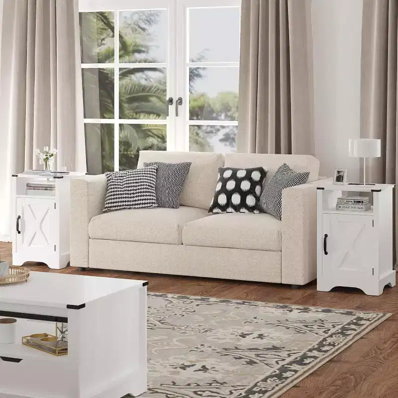 Table de chevet haute avec station de charge, Table d'appoint blanche avec rangement, Grande table de chevet rustique en bois pour chambre à coucher, bureau à domicile