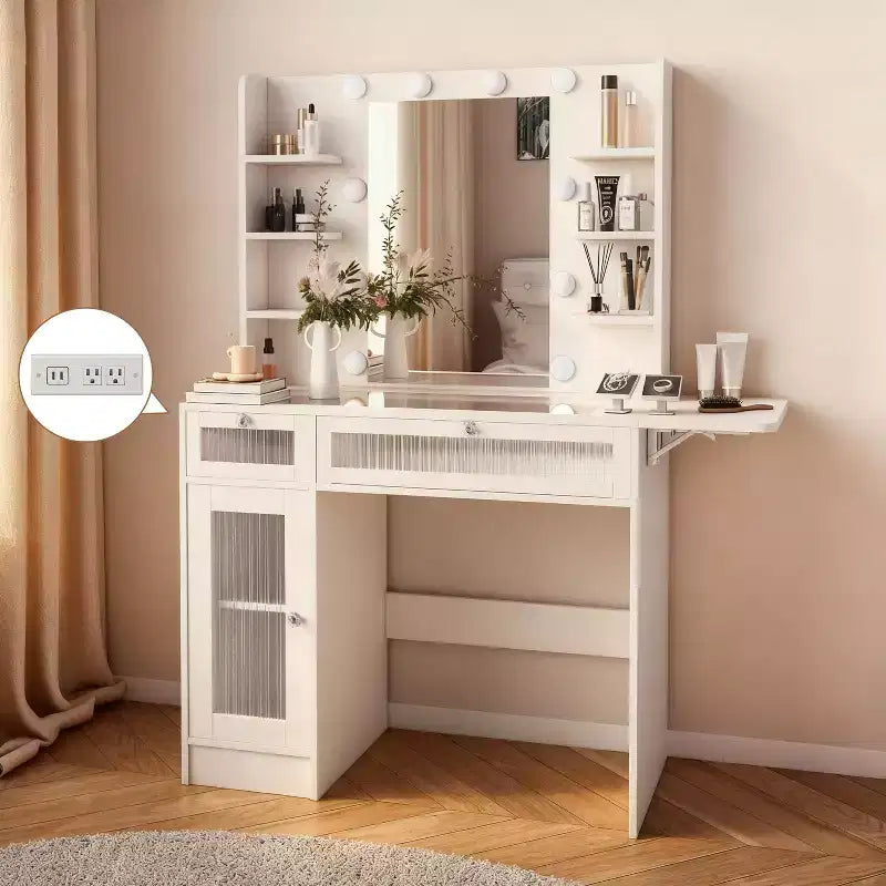 Coiffeuse blanche avec miroir RGB, lampe de bureau, port de chargement USB, armoires et tiroirs