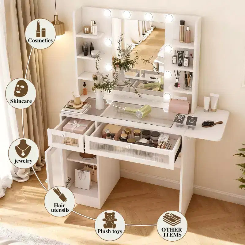 Coiffeuse blanche avec miroir RGB, lampe de bureau, port de chargement USB, armoires et tiroirs